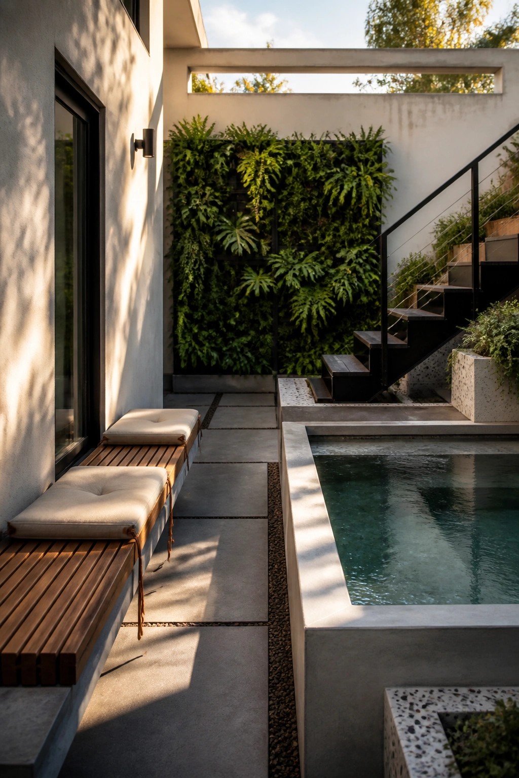 Modern courtyard with wooden bench, vertical garden wall, pool, and black staircase