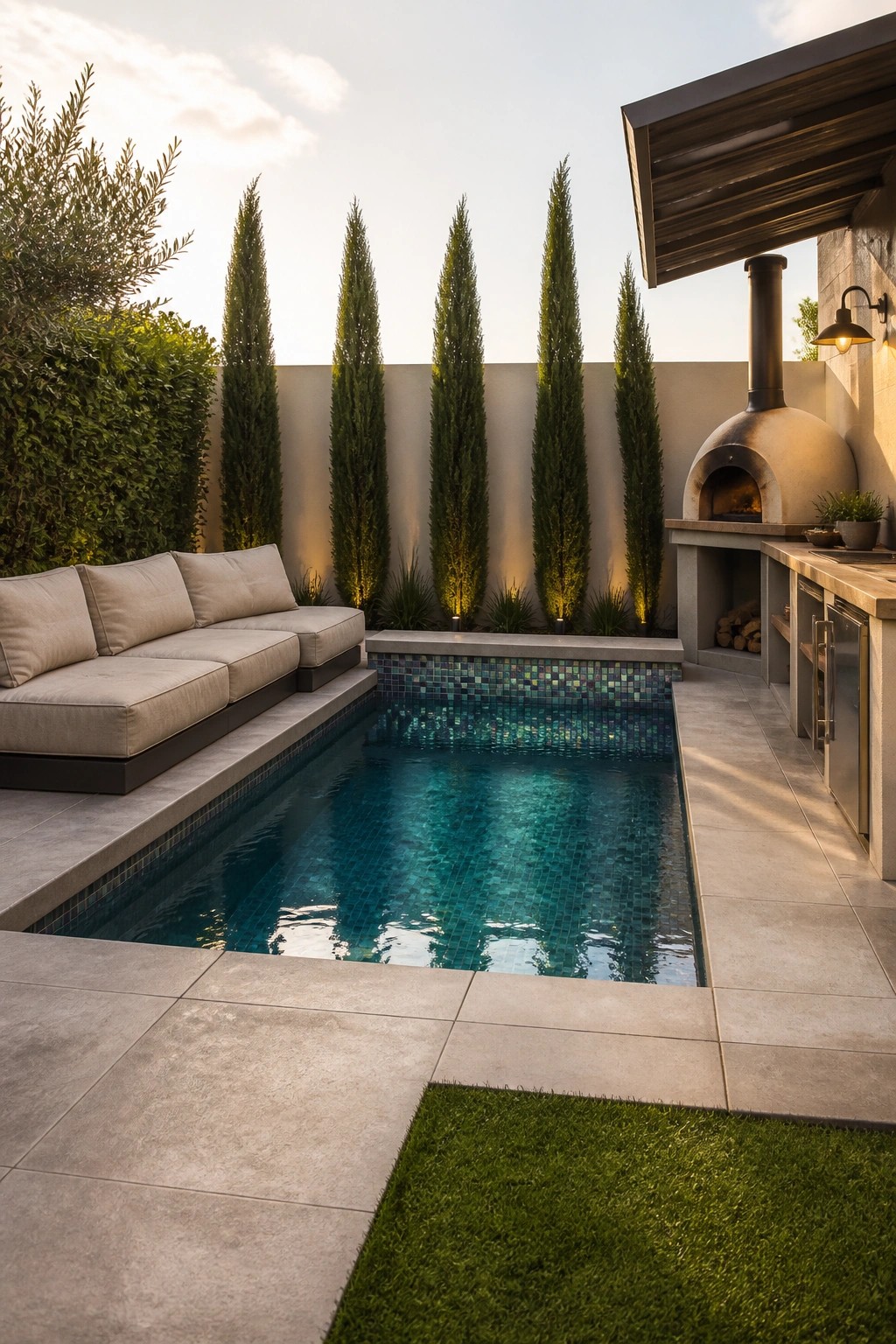A narrow modern pool with built-in cushioned seating on the left side and an outdoor kitchen with pizza oven on the right.