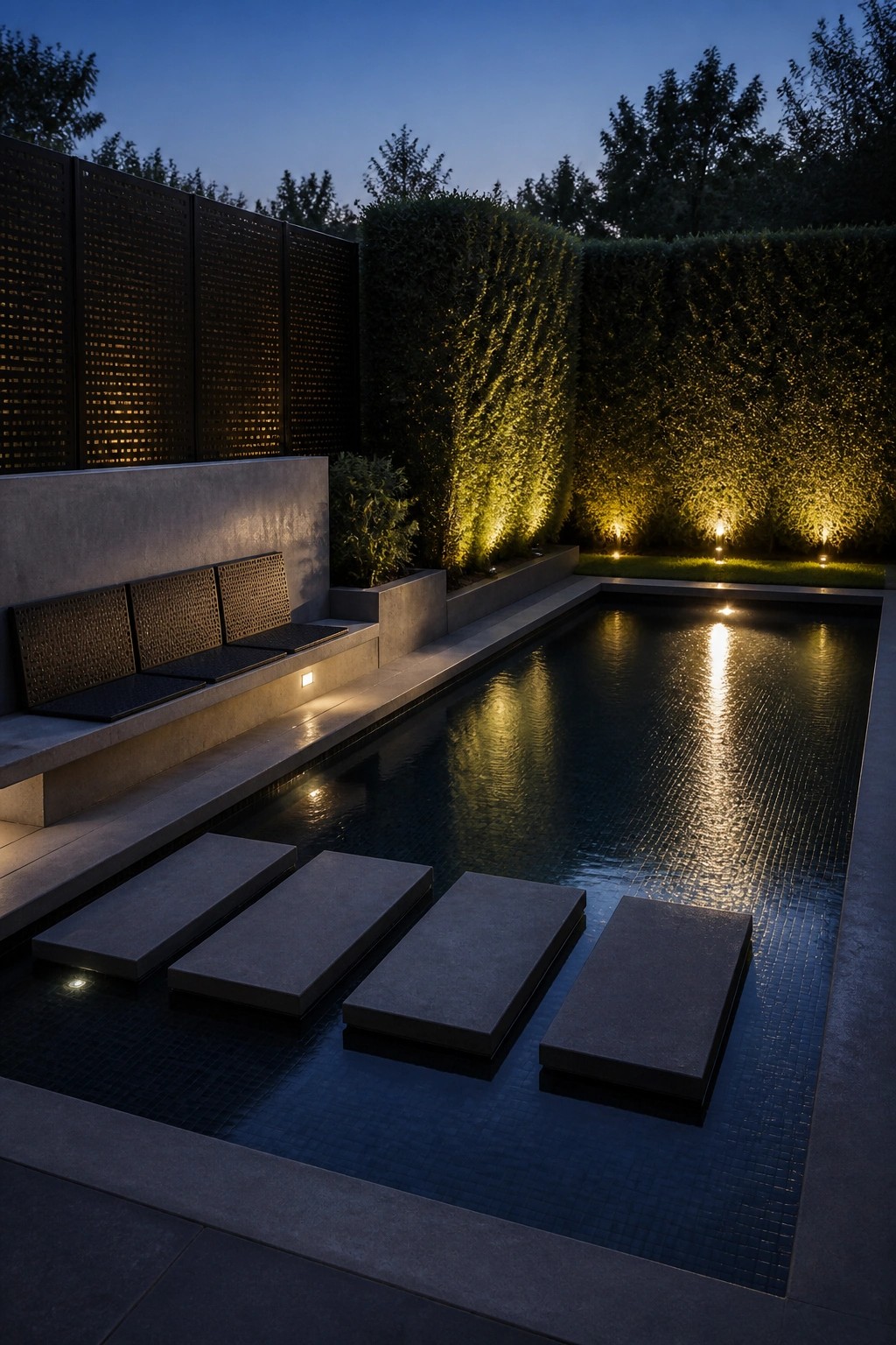 A narrow rectangular pool at dusk with several large gray concrete platforms set in the water, built-in bench seating along one edge, and a hedge lit by ground lights.