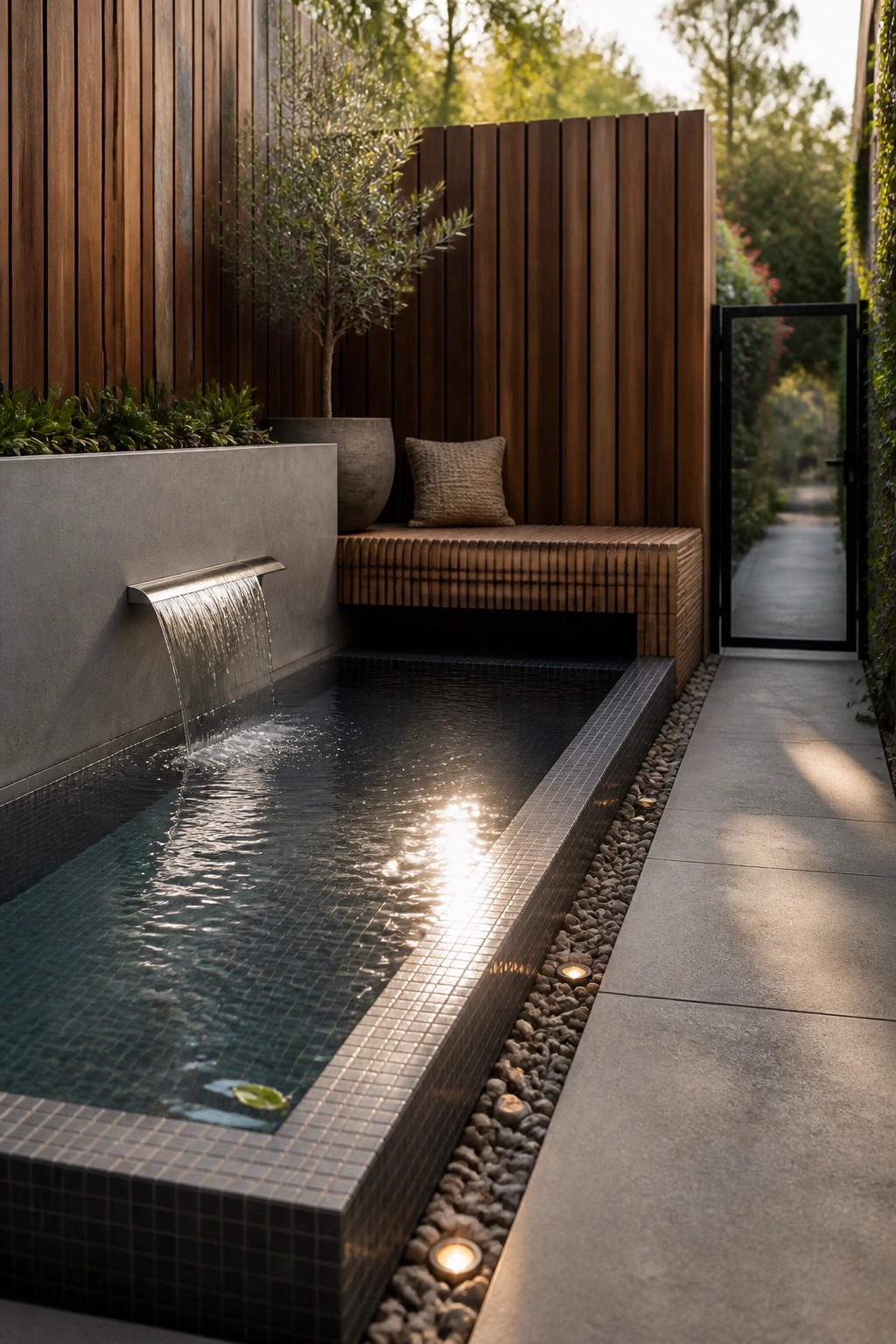 A narrow rectangular pool with dark tile, a waterfall spout on the left wall, and a long wooden bench built into the right edge, surrounded by wood fencing and pebble borders.