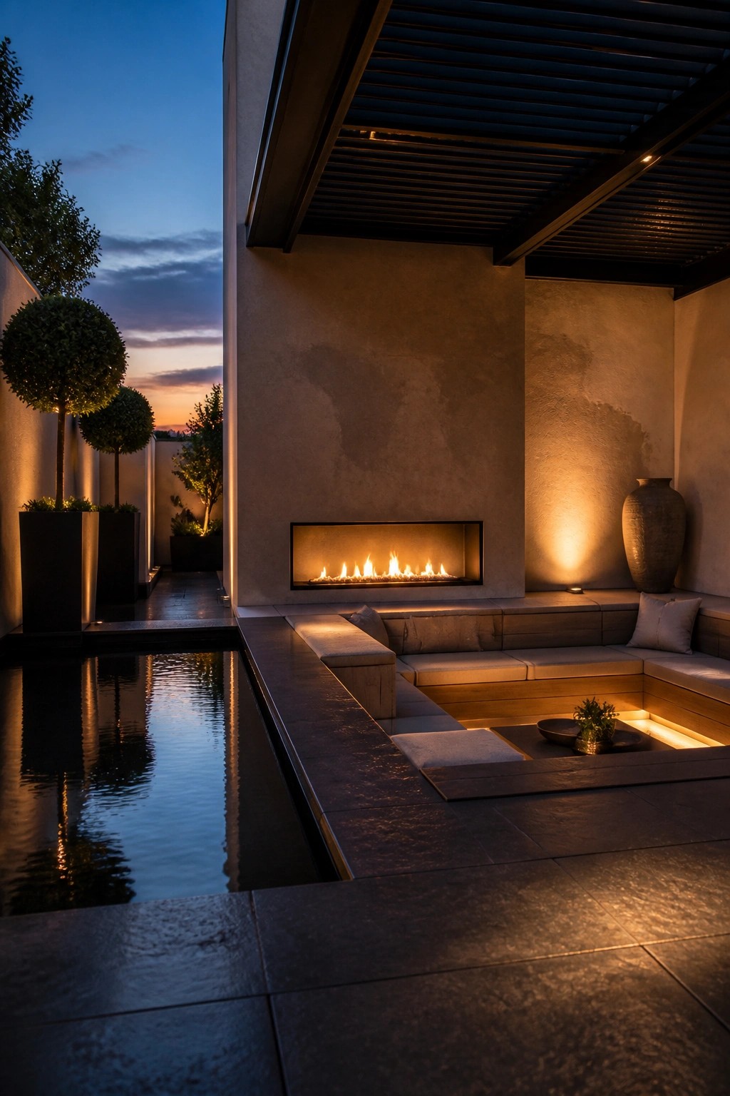 A modern outdoor patio at dusk with a rectangular pool, built-in stone bench seating, and a linear fire feature set into a concrete wall.