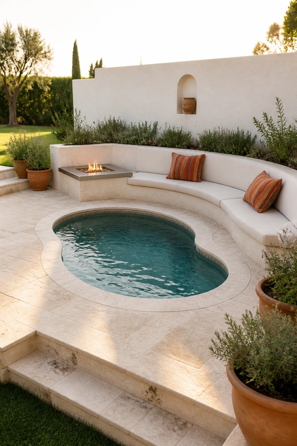 A small curved pool with built-in white seating along the edge, a square fire pit set into the wall, striped pillows on the bench, and terracotta pots on light stone paving.