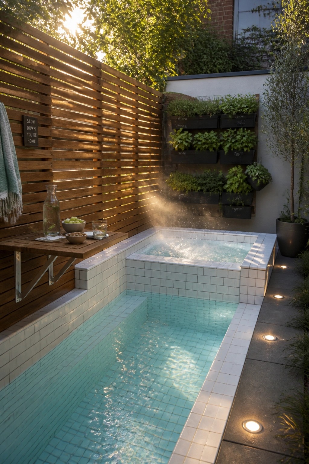 A narrow rectangular plunge pool with light blue water next to a raised square hot tub, both lined with white tiles and set against a wooden fence with a fold-down table and vertical planters.