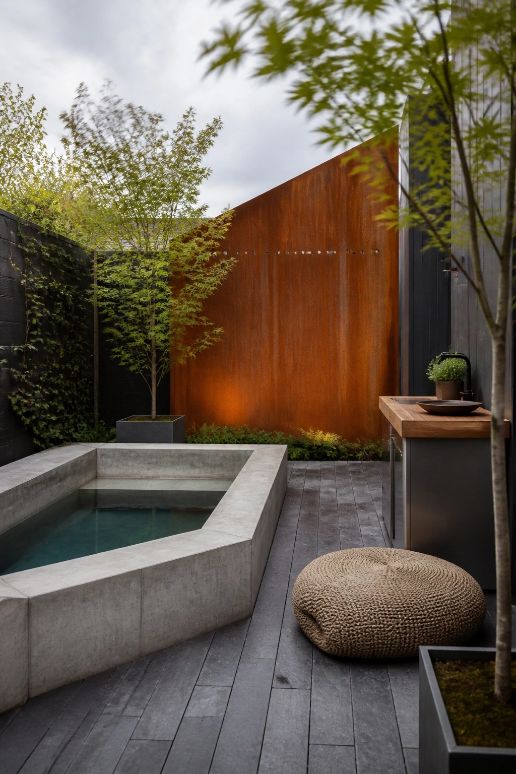 A small rectangular concrete pool filled with water sits on dark decking beside a rusted metal wall, with a woven pouf and outdoor counter nearby.