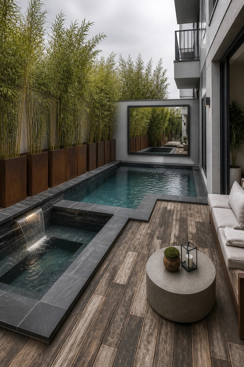 A compact modern pool with a small waterfall basin sits on a wooden deck beside tall bamboo in metal planters, with a round concrete table and outdoor sofa nearby.