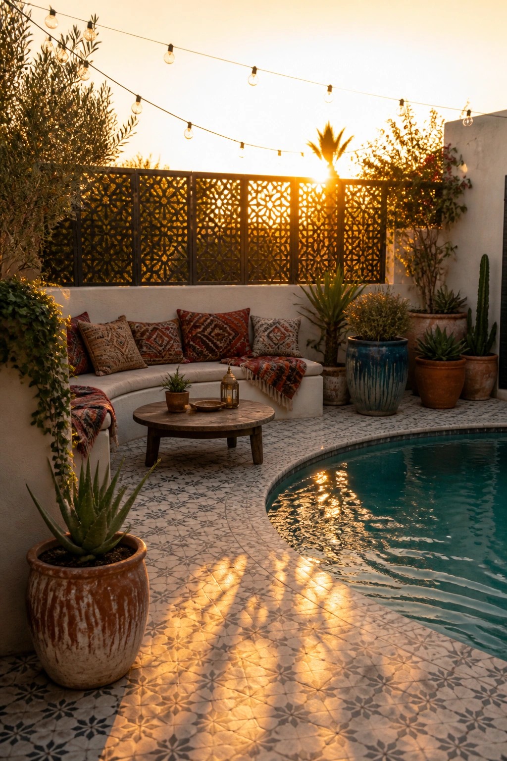 A small pool with curved built-in seating, patterned floor tiles, potted plants, and string lights overhead at sunset.