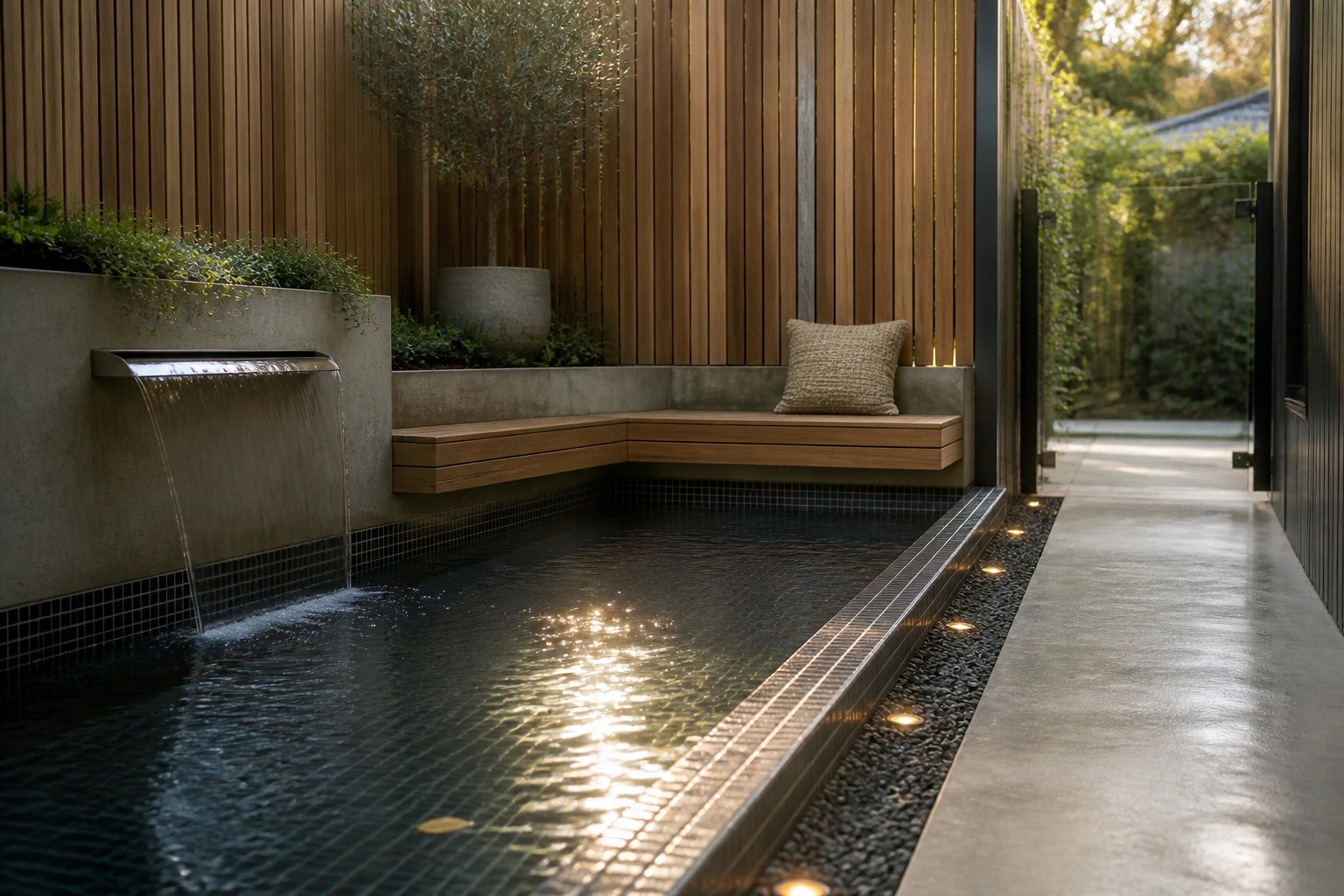 A narrow rectangular pool with dark tile, a waterfall spout on the left wall, and a long wooden bench built into the right edge, surrounded by wood fencing and pebble borders.