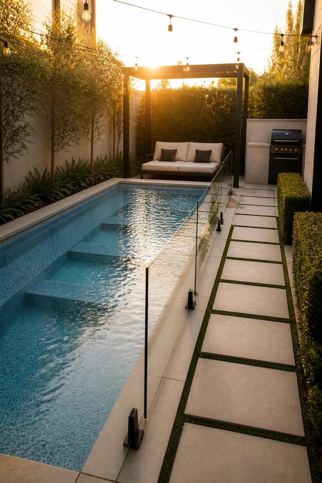 A narrow modern pool with blue mosaic tile sits beside a stone paver walkway, separated by a low glass railing, with a pergola and outdoor sofa in the background at sunset.