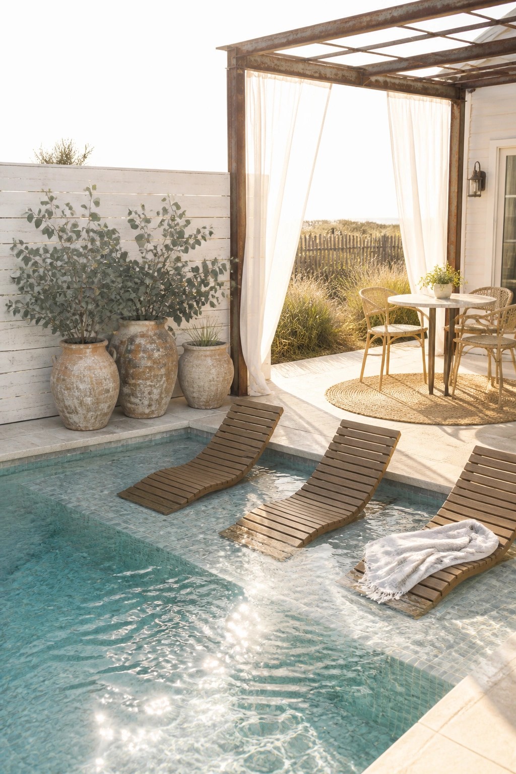A small modern pool with three wooden lounge chairs partially submerged in the water, a pergola with white curtains, and large potted plants along a white fence.