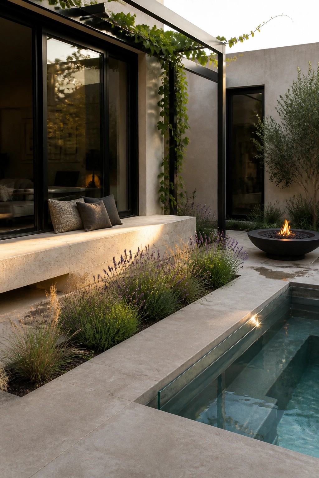 A narrow rectangular pool with a glass edge runs along a concrete patio beside a modern house, with a fire pit, lavender beds, and large windows visible.