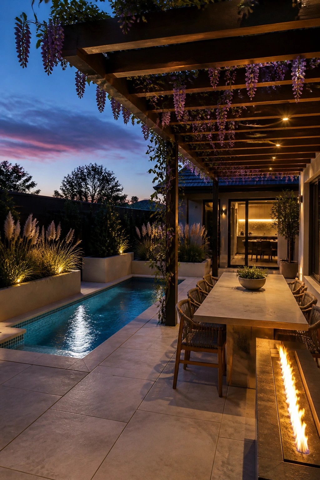 A narrow rectangular pool runs along a stone patio with a long dining table, woven chairs, built-in fire feature, and wooden pergola covered in hanging purple flowers at dusk.