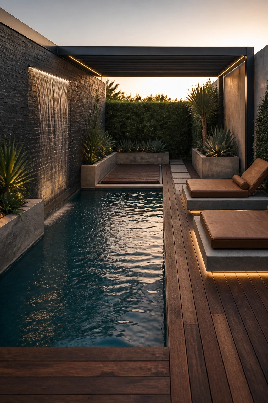 Modern pool with waterfall wall, wooden deck, brown lounge chairs and plants at dusk.