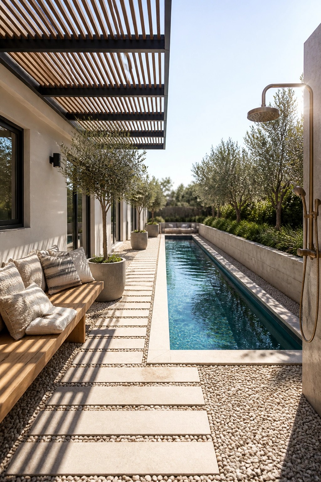 A narrow rectangular pool in a compact backyard with a wooden bench and cushions on the left, potted trees, a slatted overhead structure, stone pavers, gravel, and an outdoor shower mounted on the right wall.