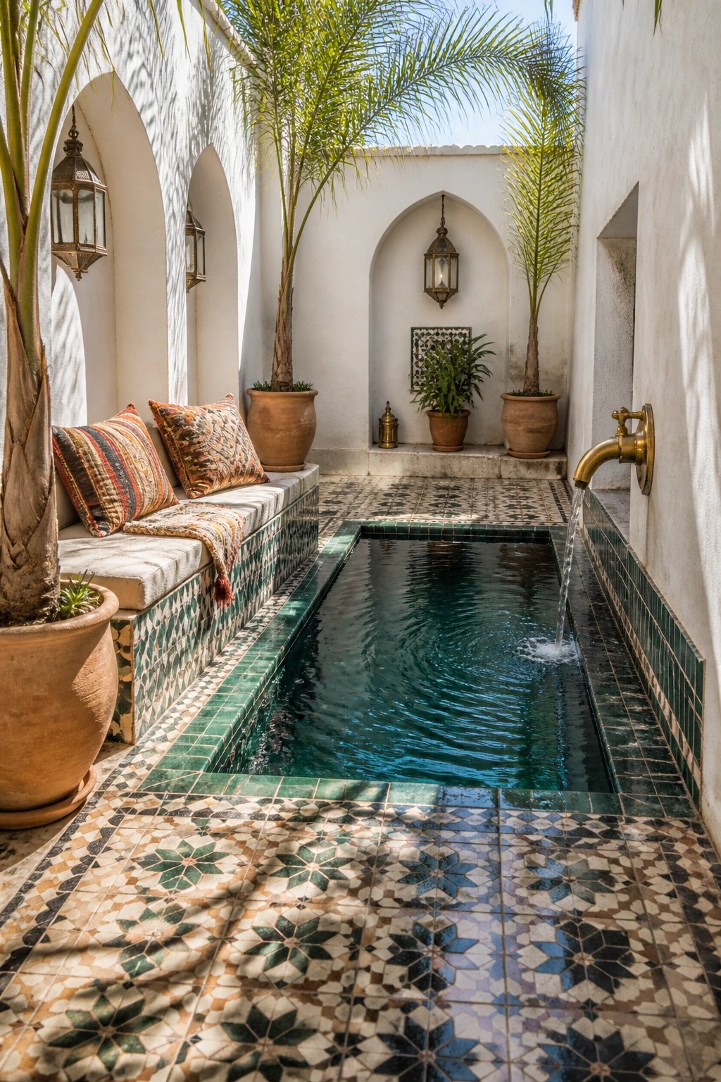 A long narrow pool with green tile borders and a brass wall spout is set in a tiled courtyard with white walls, arches, and potted plants.