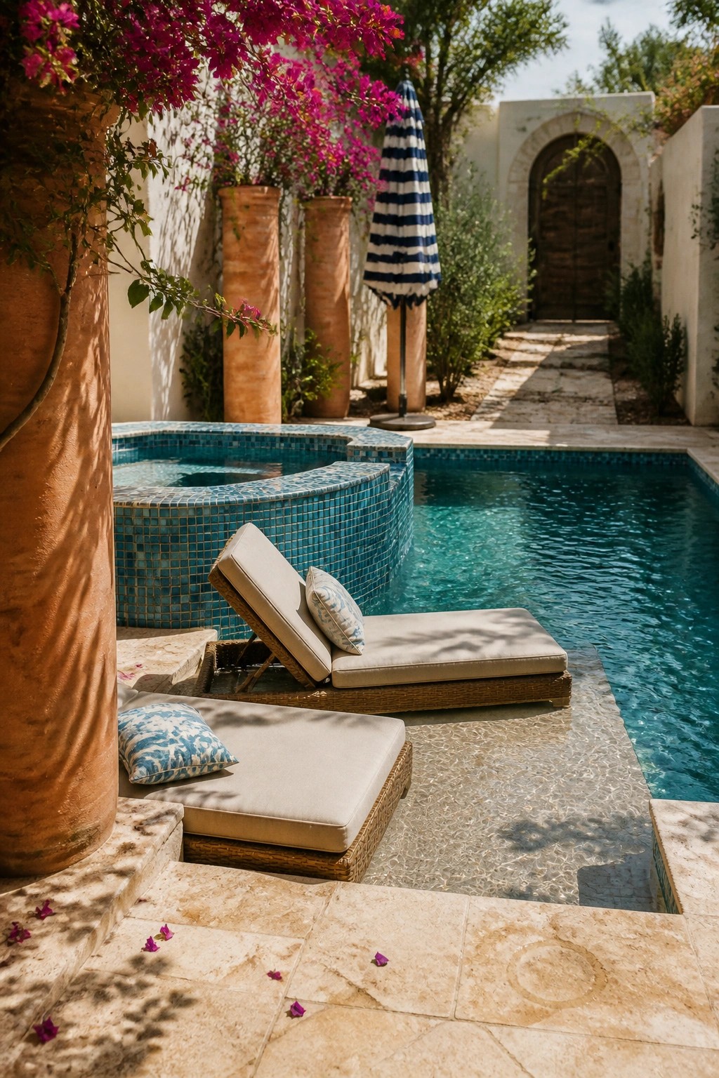 A compact backyard pool with an attached round blue-tiled spa, two wicker lounge chairs on the travertine deck, and large terracotta pots with pink bougainvillea.