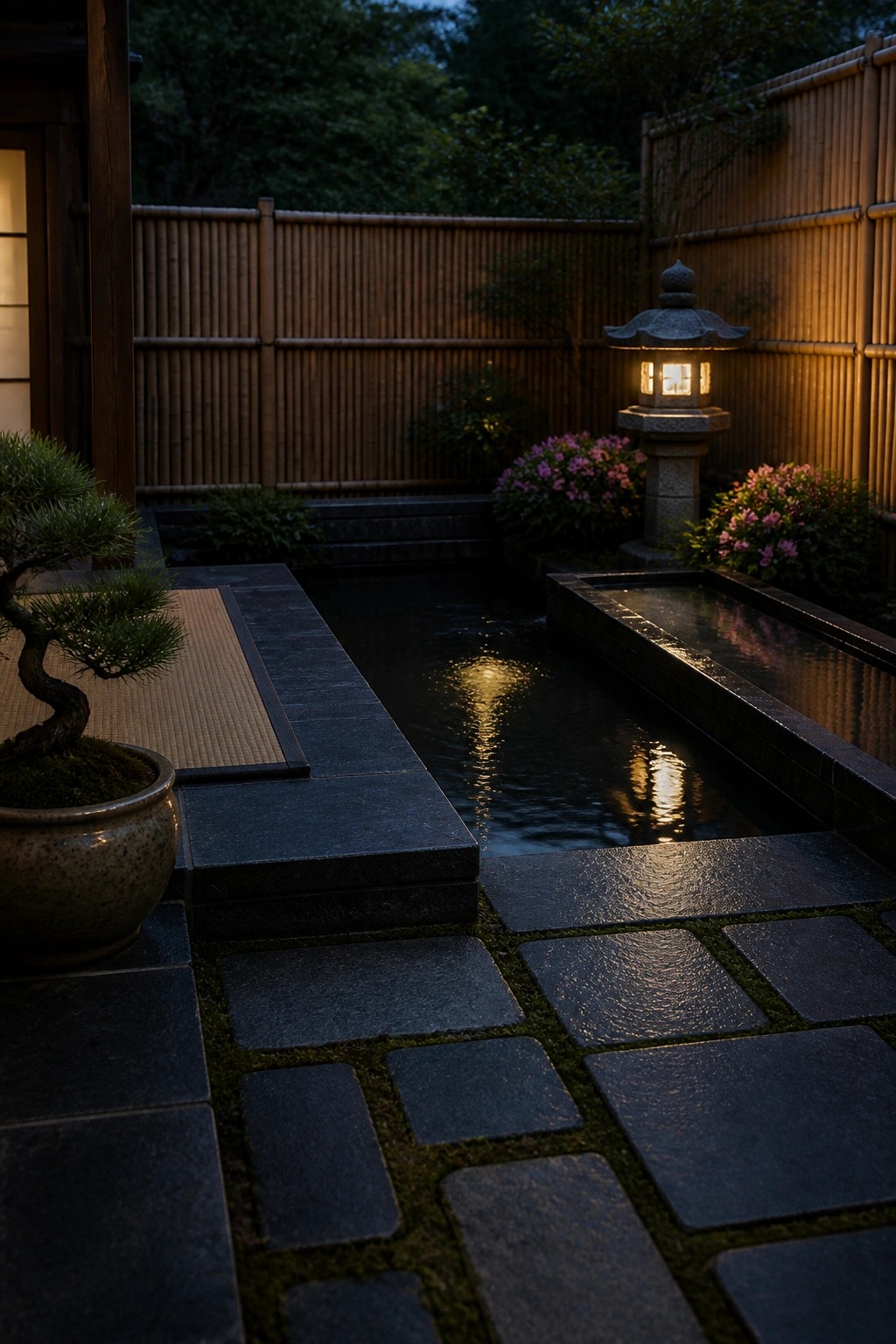 A narrow rectangular pool with dark stone borders runs through a small enclosed garden beside a bamboo fence, with a stone lantern and potted bonsai nearby.