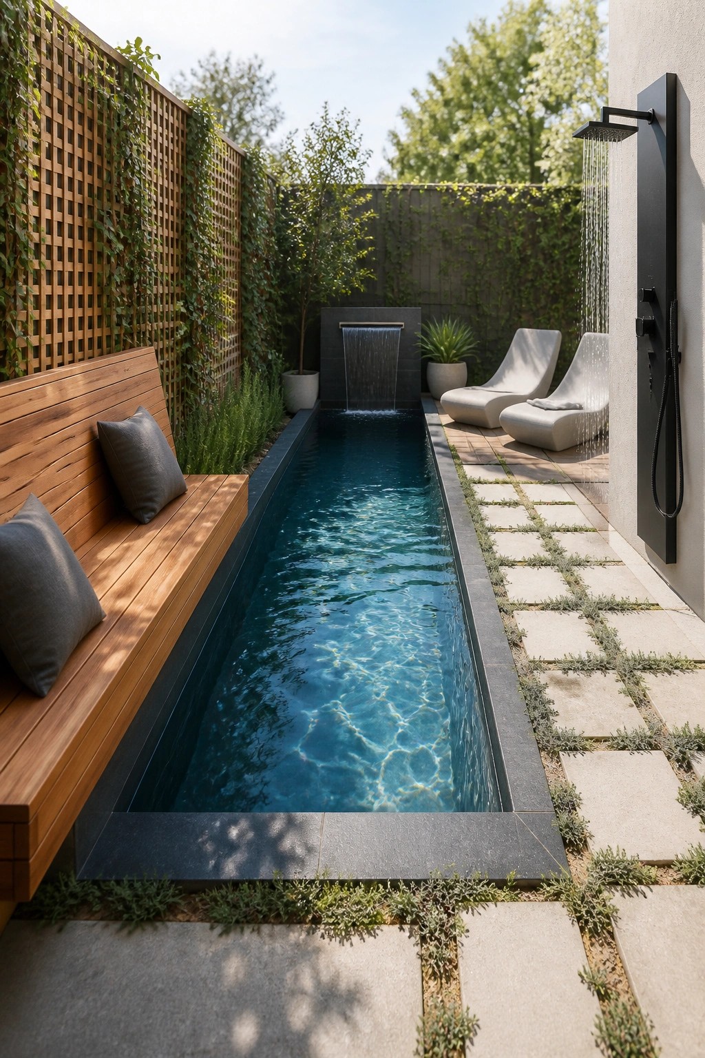 A narrow rectangular lap pool runs between a wooden bench on the left and stone pavers with two lounge chairs and an outdoor shower on the right.