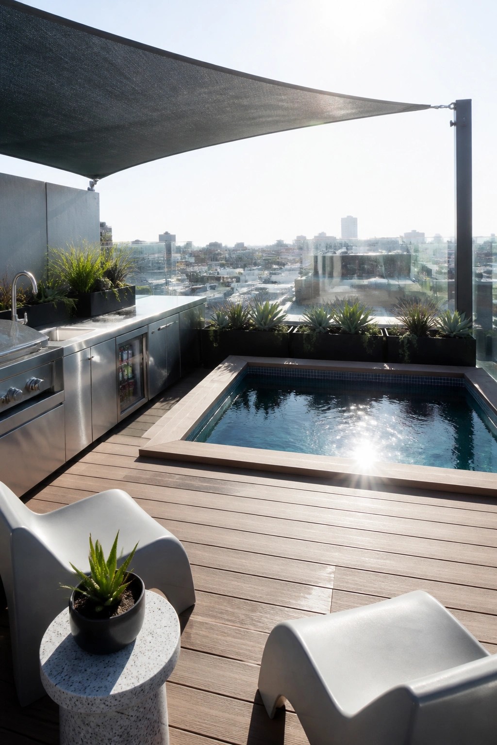 A small rectangular plunge pool set into a wooden deck with an outdoor kitchen, modern seating, planters, and a large dark shade sail overhead.