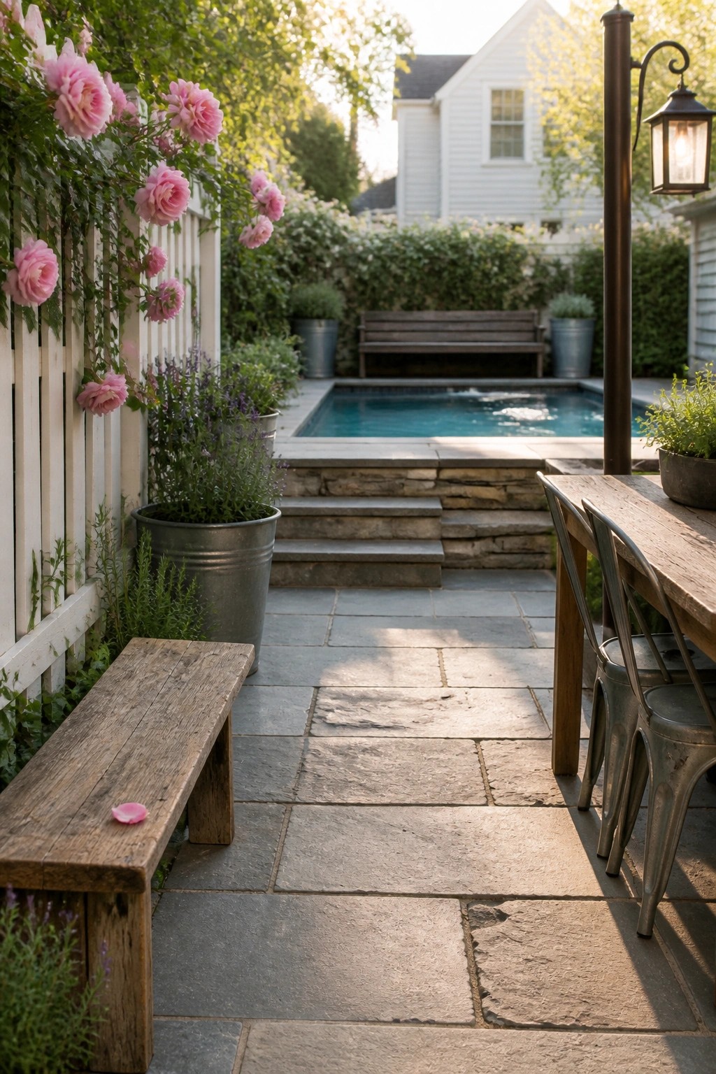 A small rectangular pool set at the end of a stone patio with wide steps leading up to it, a wooden dining table and chairs on the right, and potted plants along a white fence.