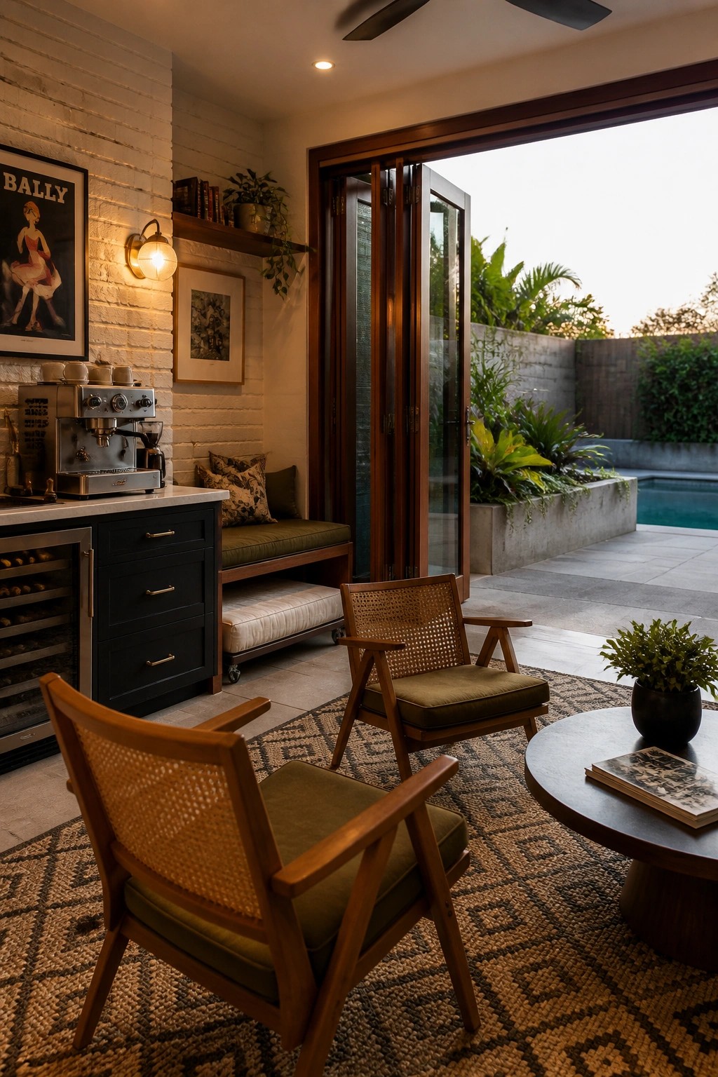 Stylish lounge with green-cushioned cane chairs, rug, and open doors to pool.