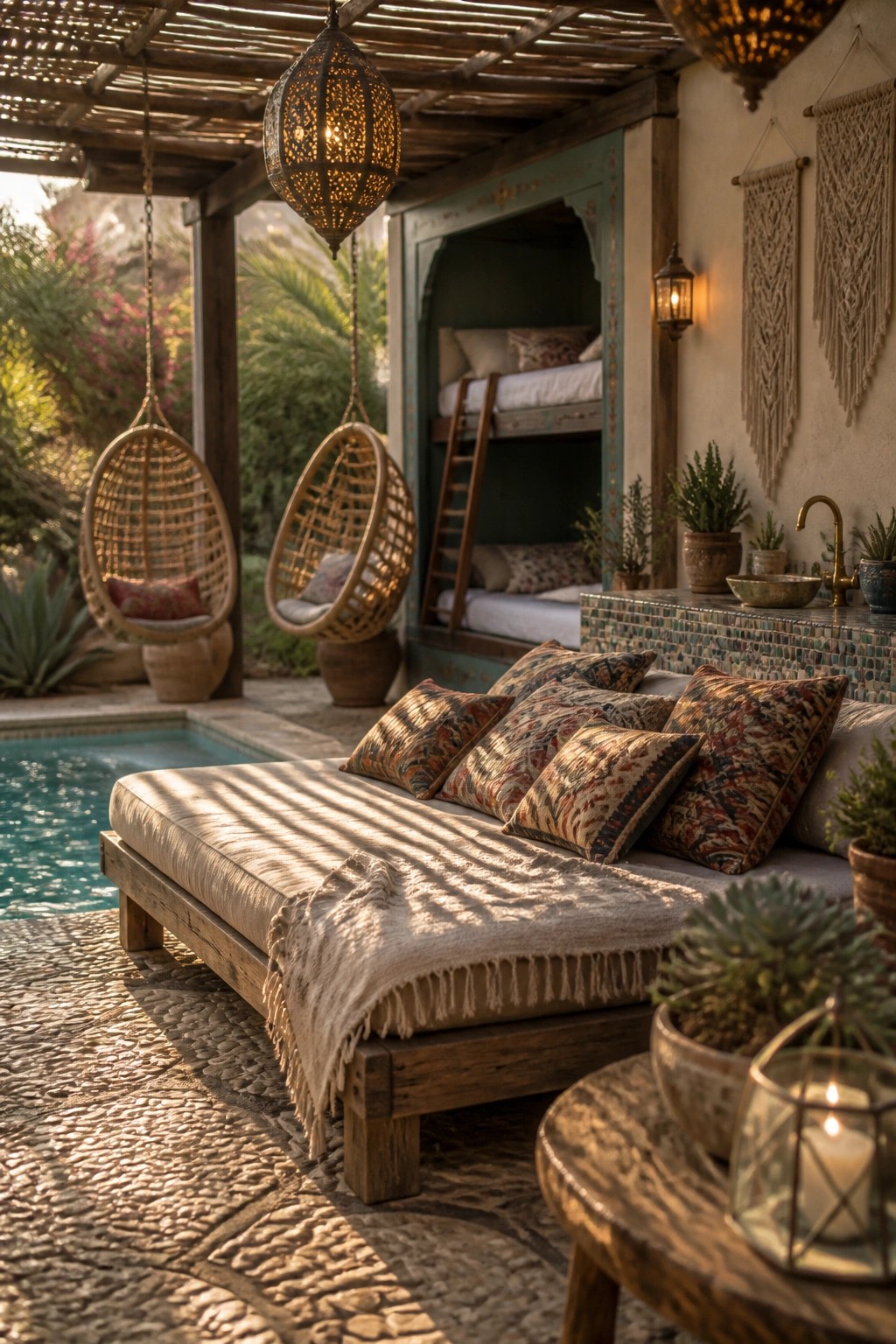 A wooden daybed with pillows and a throw sits on a stone patio beside a swimming pool, with hanging chairs and a pool house structure visible behind it.
