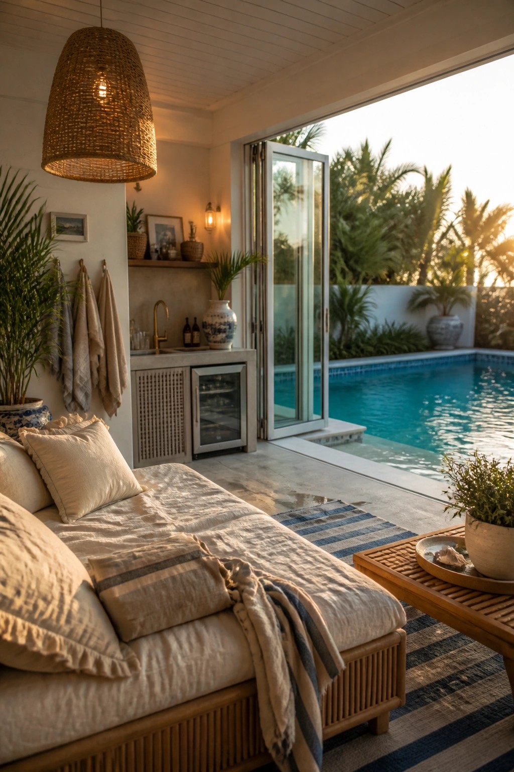 An interior view of a pool house showing a bed with beige linens, a small kitchenette, and open glass doors leading directly to a swimming pool with palm trees visible outside.