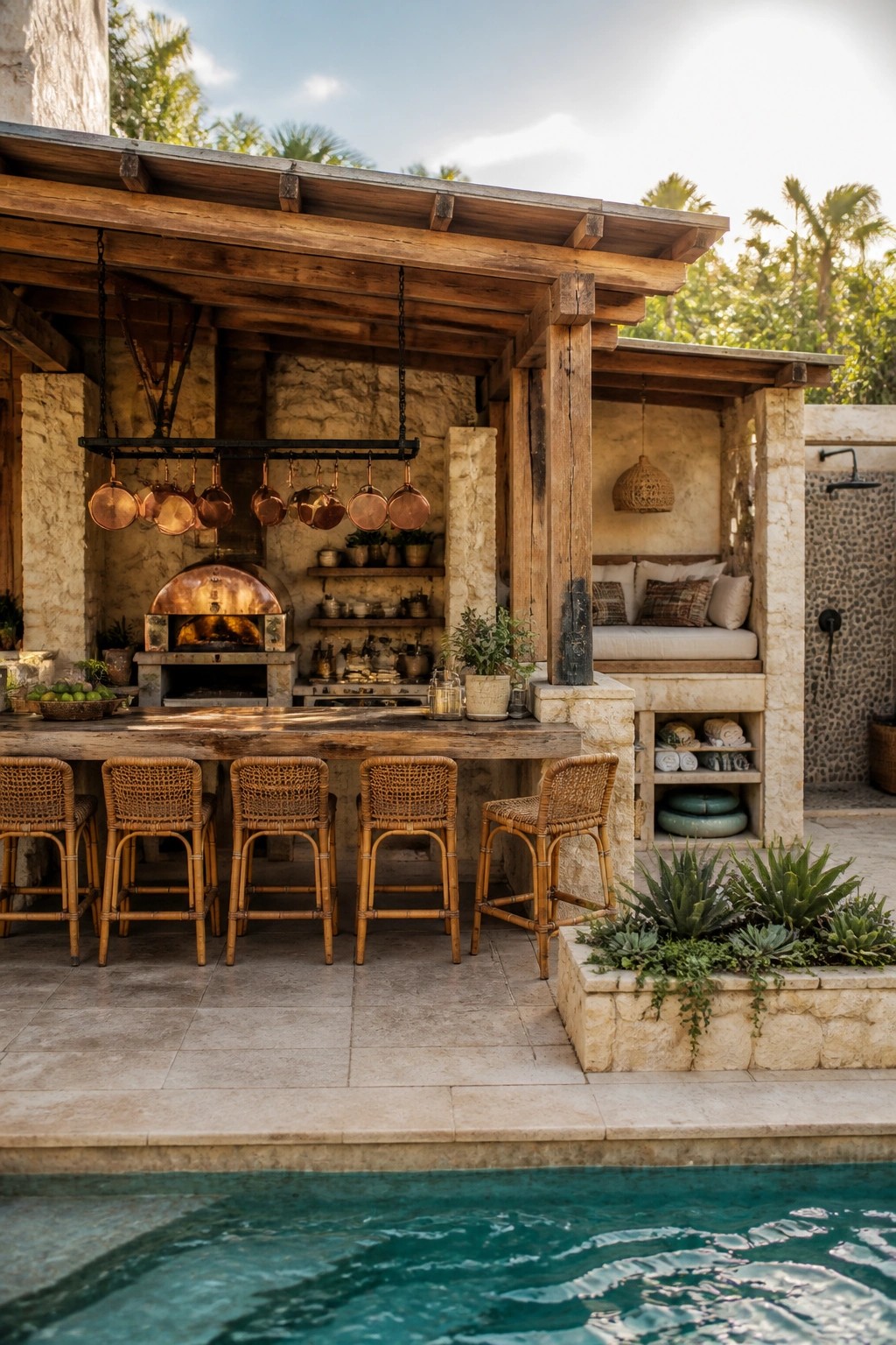 Rustic outdoor kitchen bar with hanging copper pots, stone oven, and poolside wicker stools