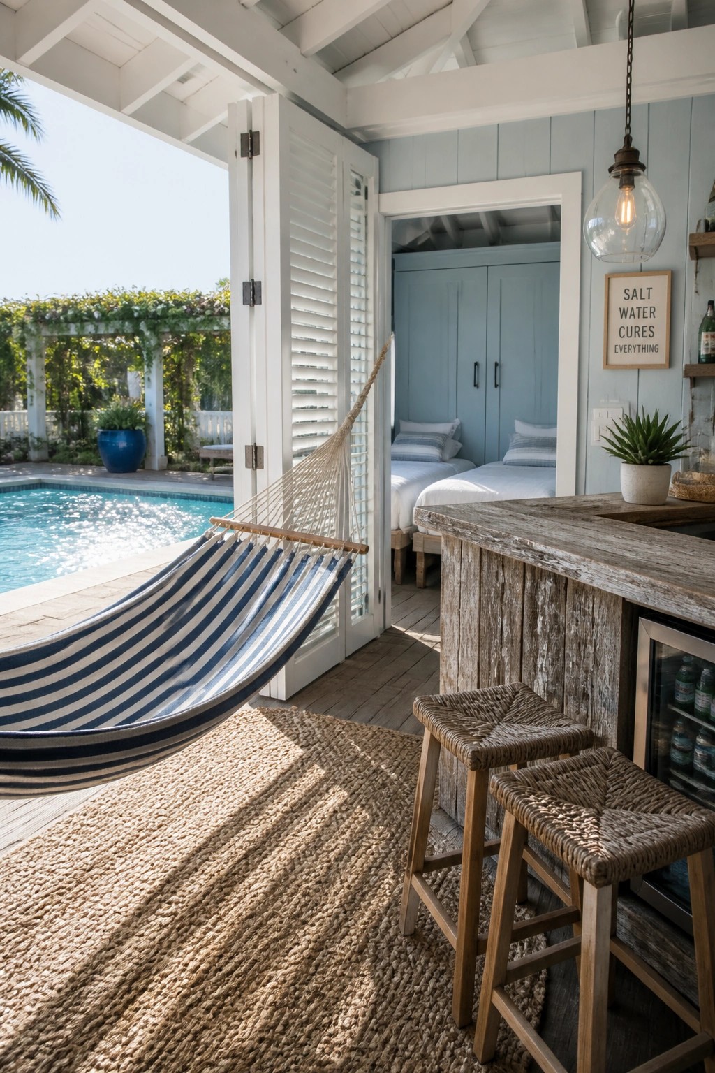A pool house porch with a weathered wood bar counter, two woven stools, a striped hammock, and open doors to a bedroom with two beds.