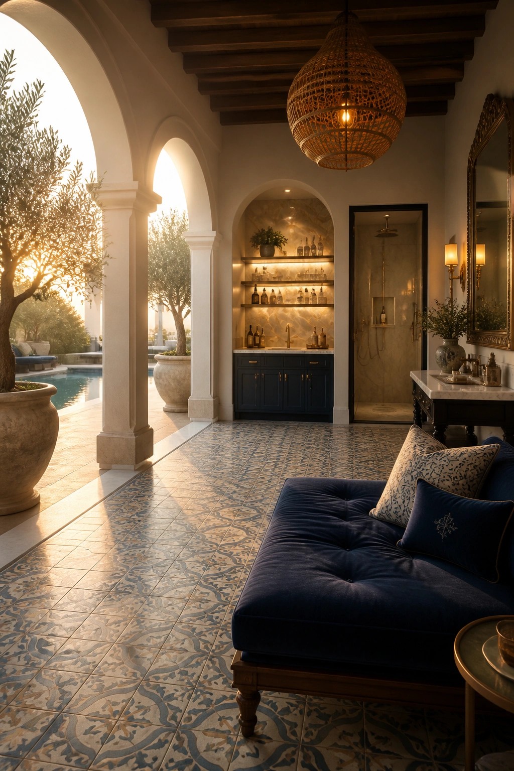 Interior view of a pool house with a blue velvet daybed, patterned tile floor, arched wet bar with lit shelves and dark cabinets, and an open shower, with arches leading to an outdoor pool at sunset.