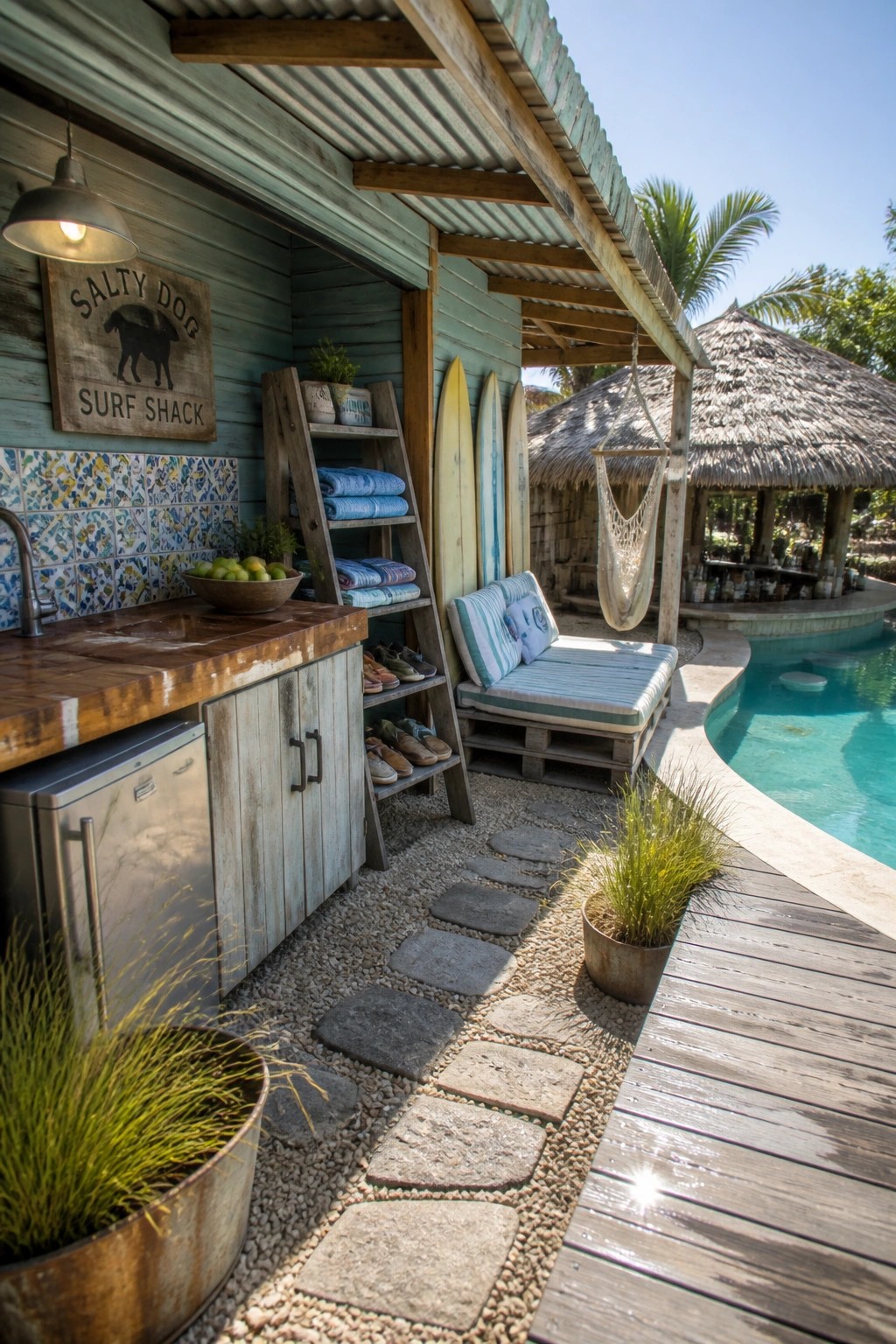 A backyard pool area with a wooden outdoor kitchen counter, surfboards leaning against a wall, a pallet daybed, and a hanging hammock near a thatched structure.