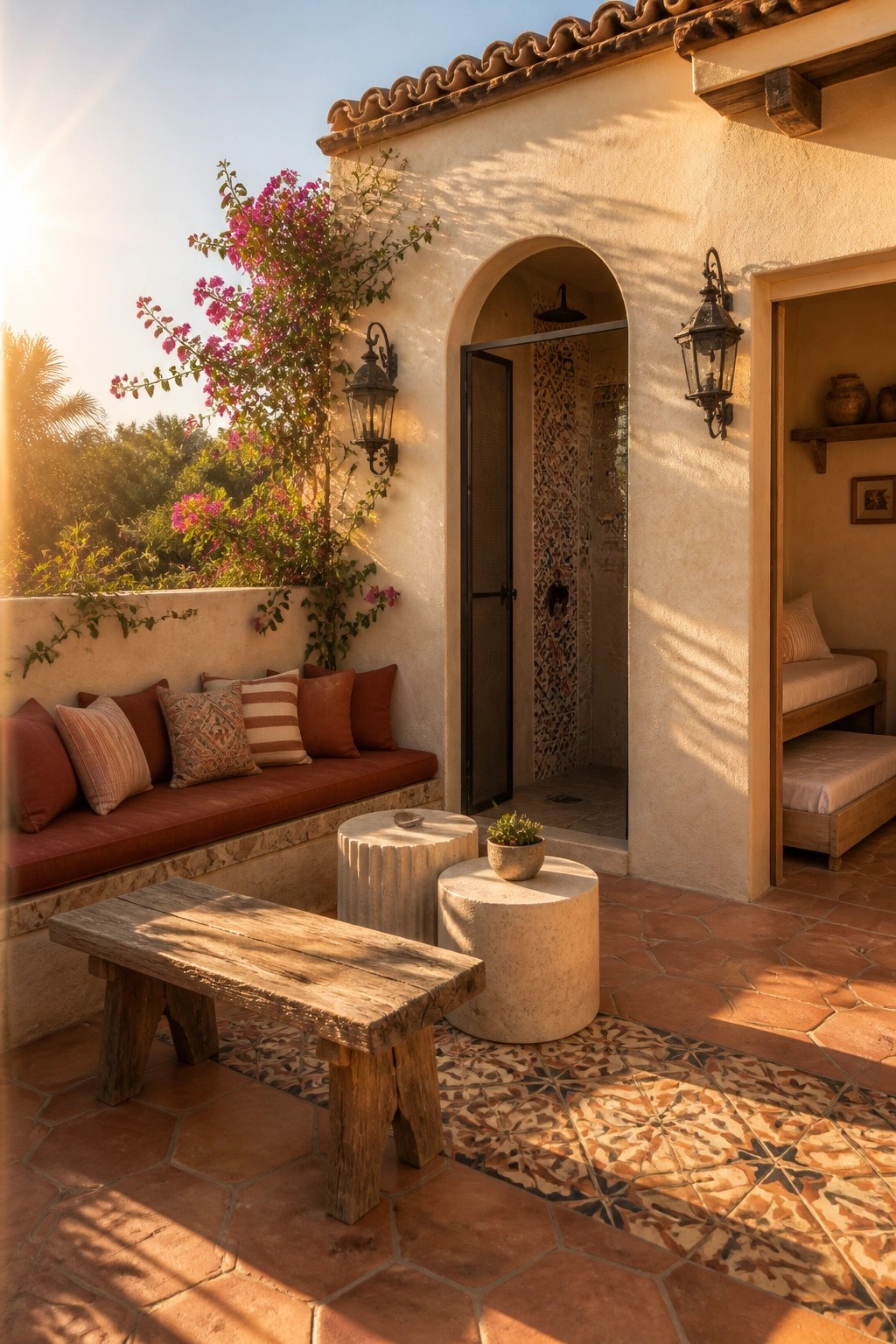 A tiled patio with a built-in cushioned bench, rustic wooden seating, concrete tables, and an arched opening that reveals a colorful tiled outdoor shower.