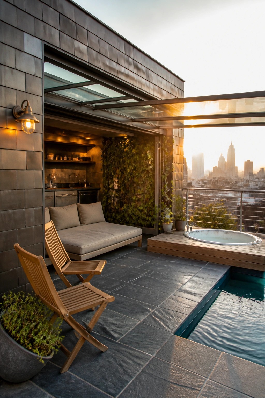 A modern outdoor terrace with a pool, hot tub on a wood platform, two wooden lounge chairs, a daybed inside an open cabana with kitchen, and a living wall.