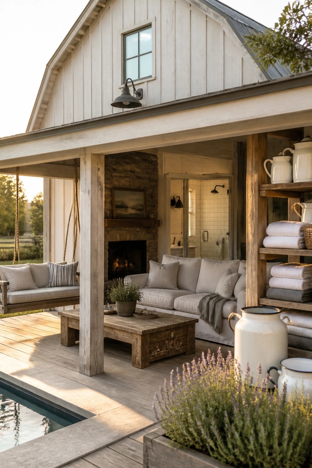 A white wooden building with a covered porch that includes a stone fireplace, light gray sectional sofa, wooden coffee table, hanging swing, and a swimming pool visible in the foreground.