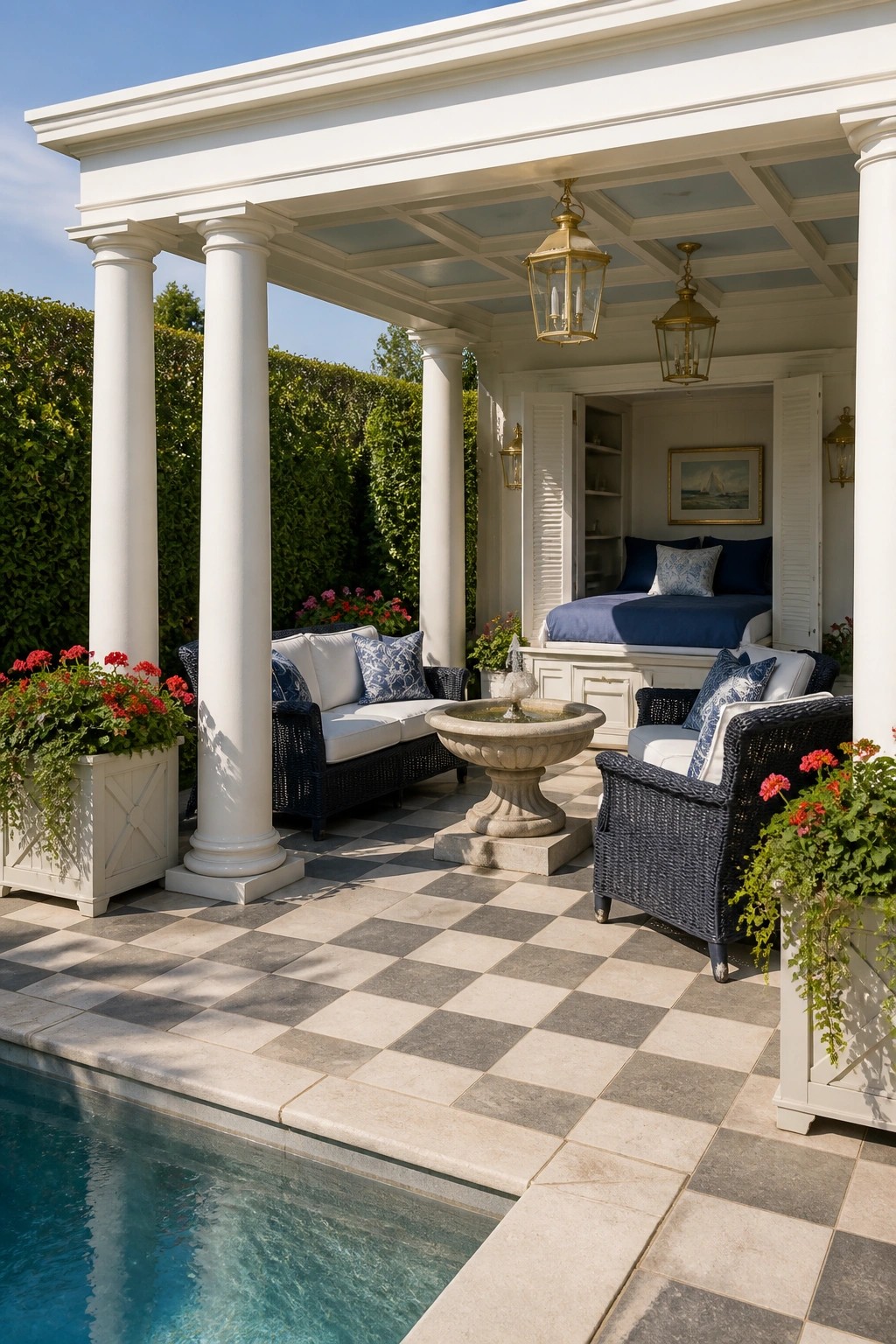 A white-columned poolside cabana with a built-in daybed, wicker seating, a stone fountain, and checkered tile flooring beside a swimming pool.