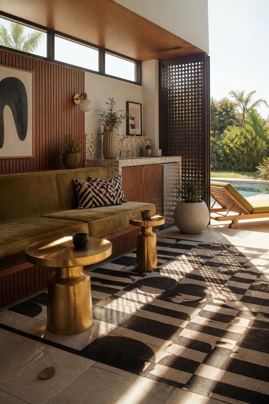 Interior view of a pool house with built-in olive green sofa seating, brass side tables, a black and white patterned rug, and an open wall leading to a pool deck.