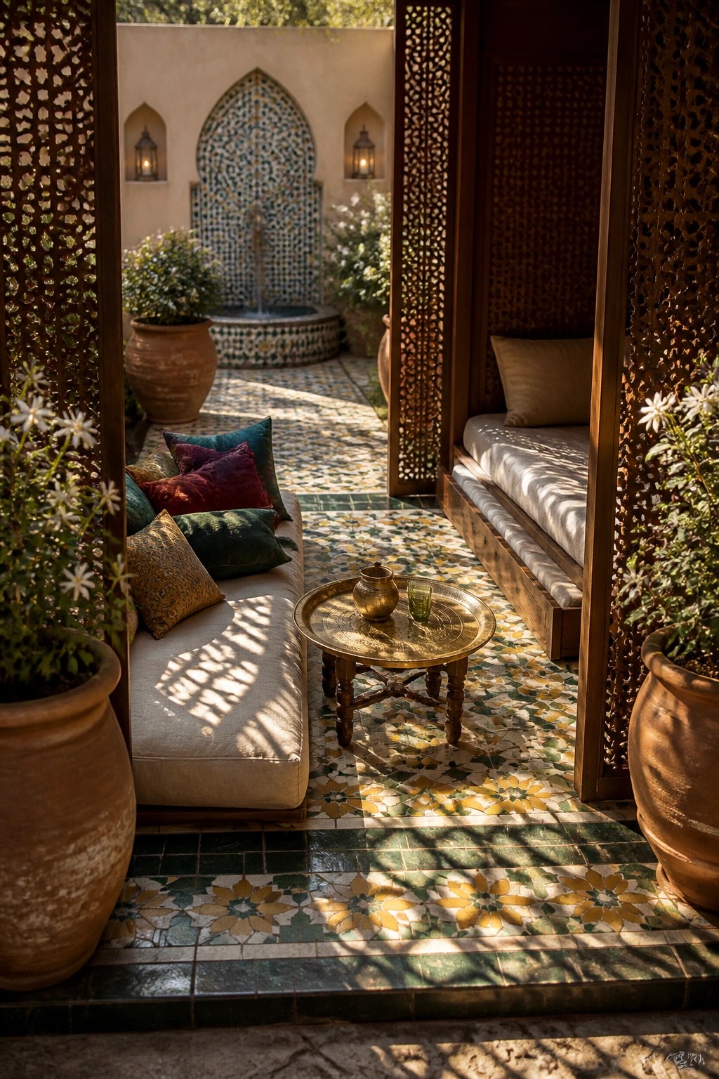 Sunlit Moroccan courtyard with mosaic tiles, fountain, cushions, and brass table.