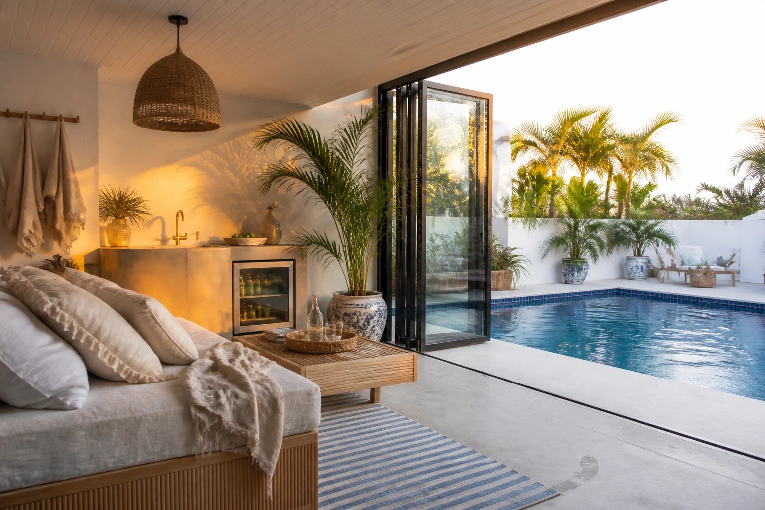 An interior view of a pool house showing a bed with beige linens, a small kitchenette, and open glass doors leading directly to a swimming pool with palm trees visible outside.