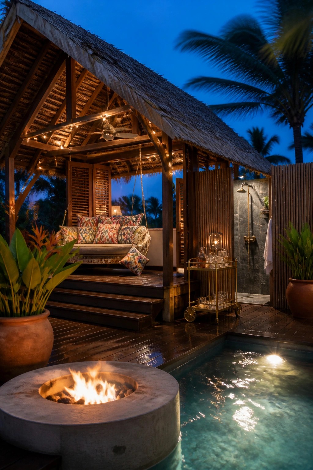 A thatched roof cabana at dusk with a hanging daybed, string lights, bar cart, outdoor shower, fire pit, and pool in the foreground.