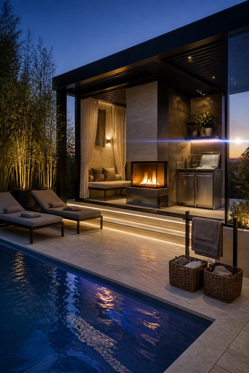 A modern outdoor cabana beside a swimming pool features a lit fireplace, built-in seating, stainless steel cabinets, and lounge chairs on a paved deck at dusk.