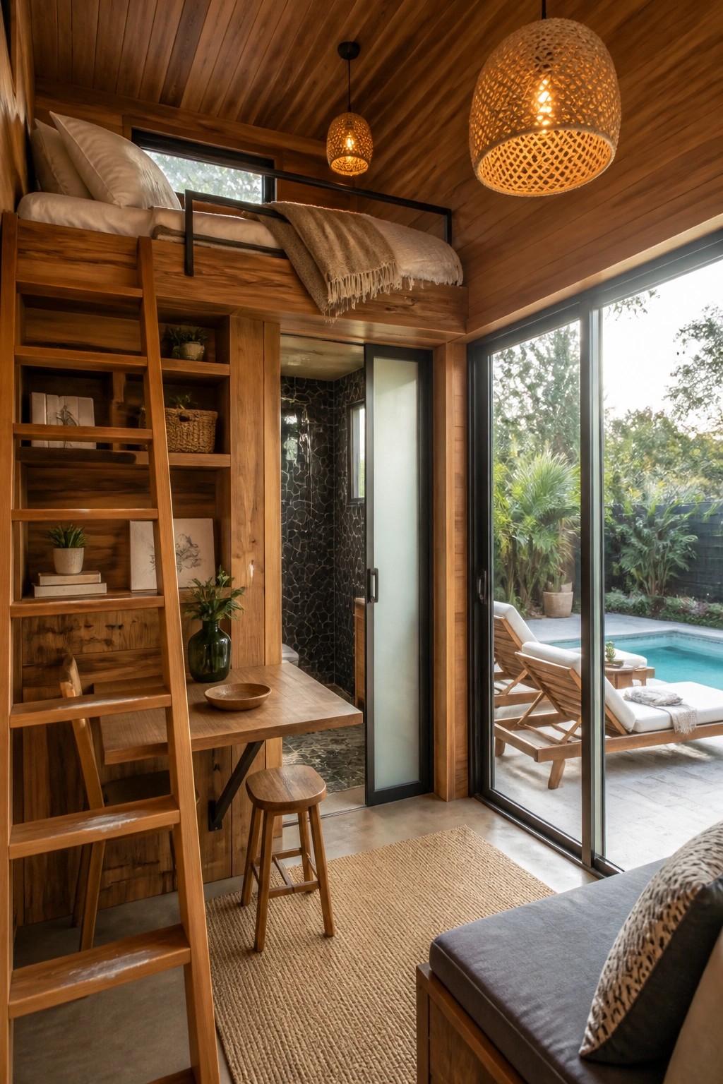 Cozy wooden tiny home with loft bed, ladder desk, and open pool patio doors