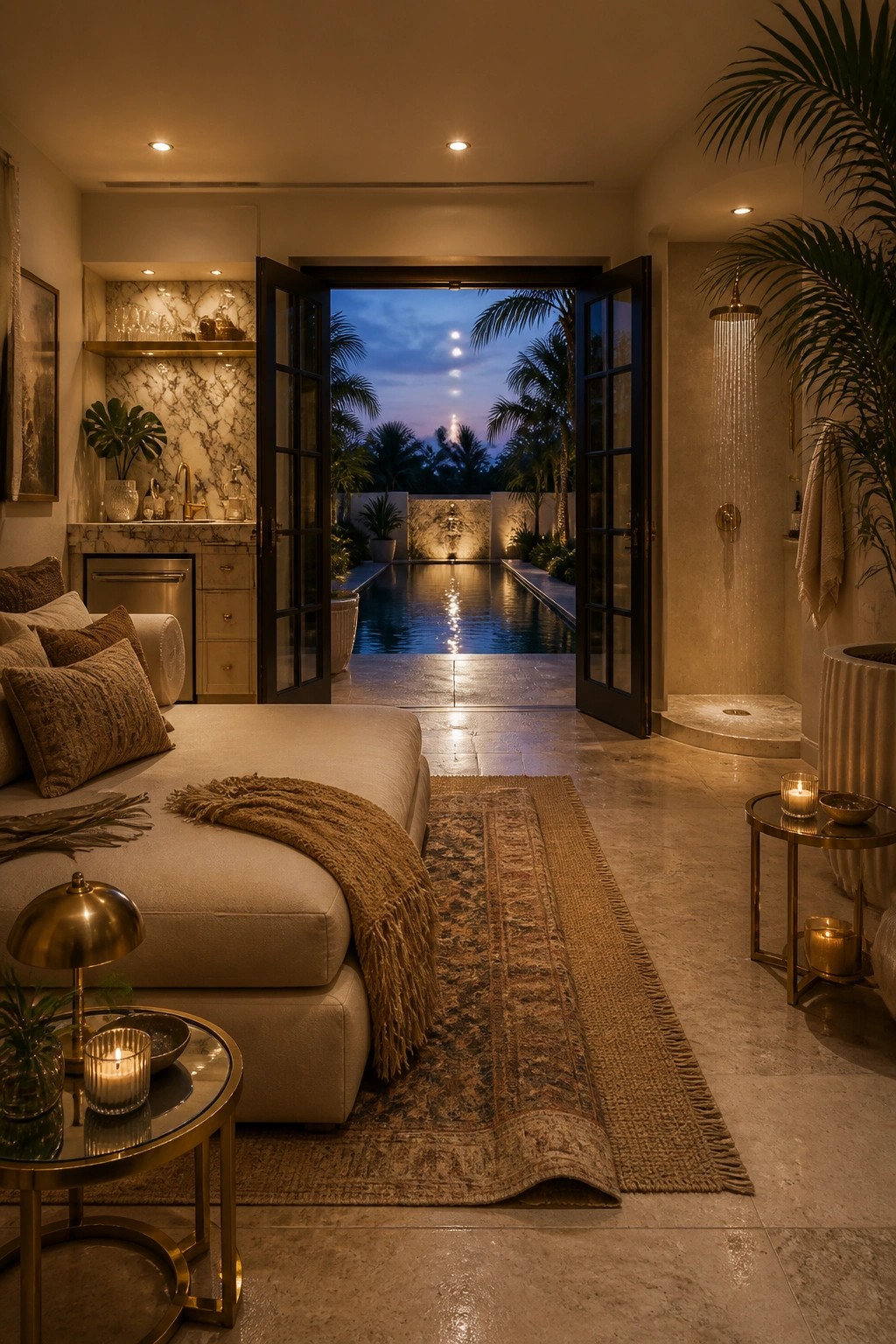 Interior of a pool house with a large sectional sofa, open black double doors, and a view straight out to a swimming pool at dusk.