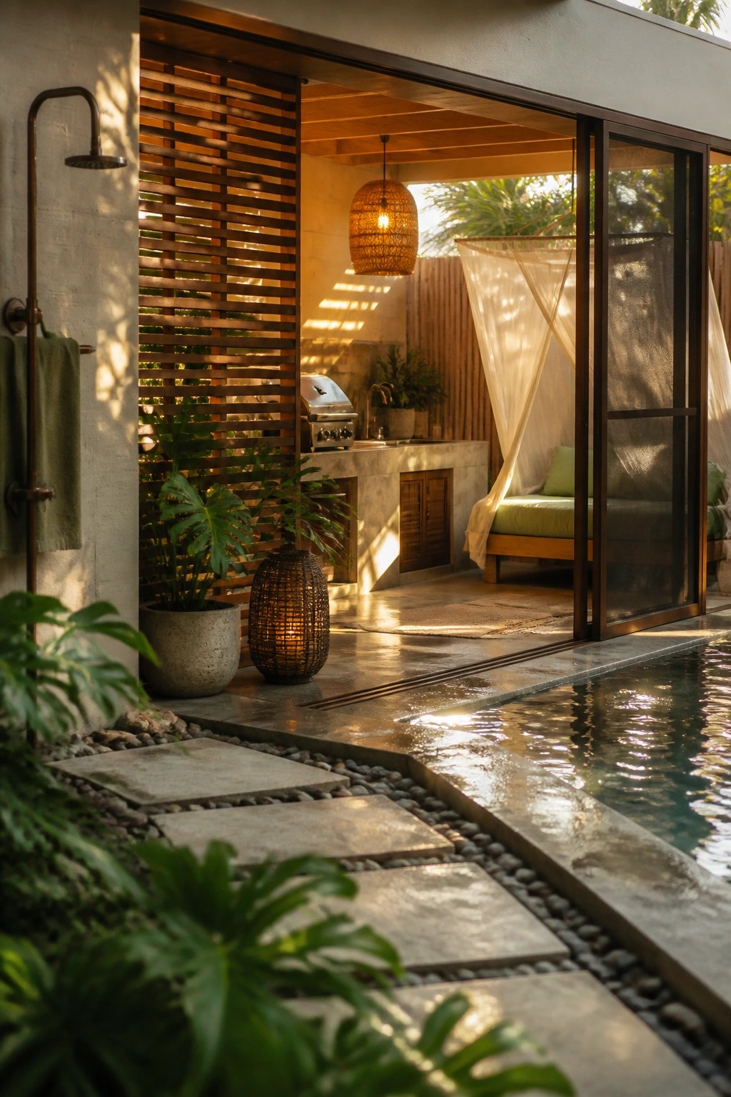 A poolside cabana with large sliding glass doors open, revealing an outdoor kitchen, canopy daybed, and adjacent swimming pool with stone pavers.