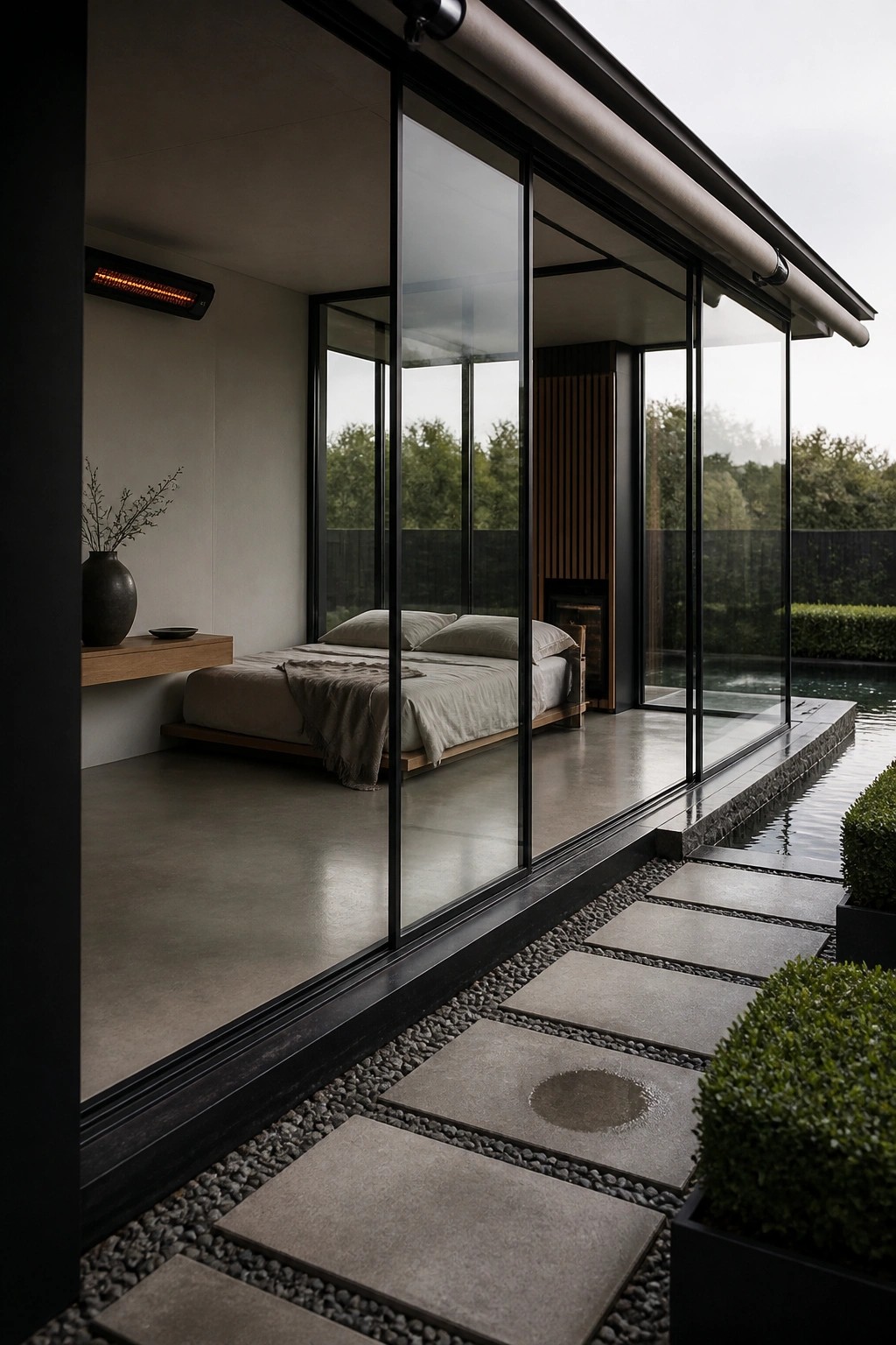 Modern minimalist bedroom with low bed, glass walls, and poolside stone path.