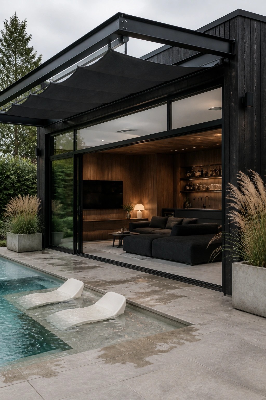 Modern black home with open glass doors, pool, and white lounge chairs