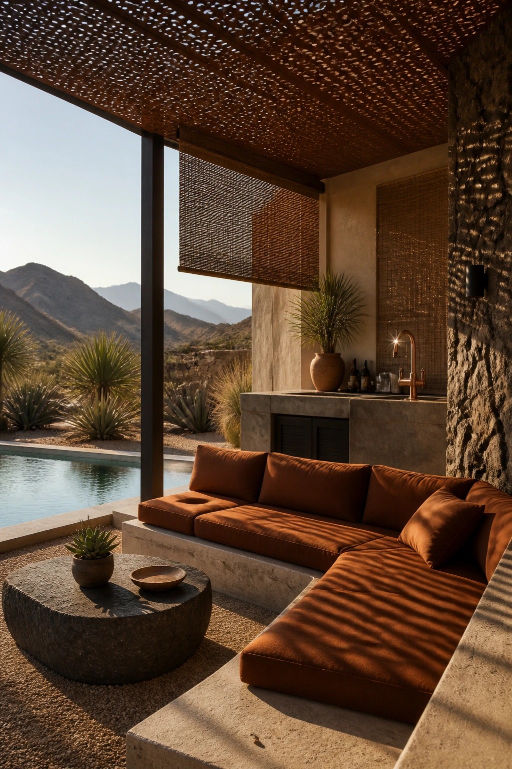 Desert patio with orange sectional sofa, stone table, pool, and mountain views.