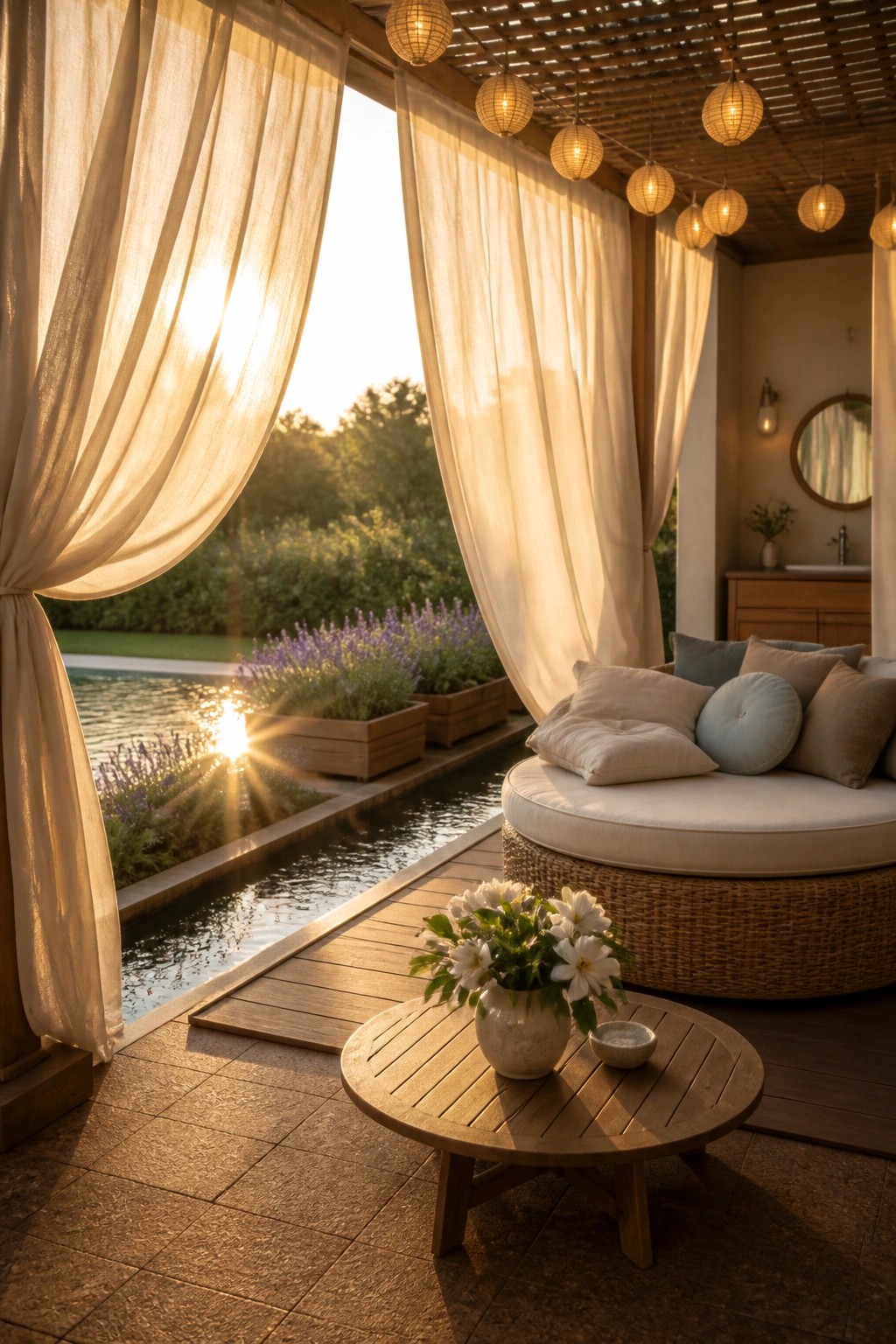 An outdoor cabana space beside a pool with flowing sheer white curtains, a round cushioned daybed, wooden coffee table with flowers, and hanging lanterns at sunset.