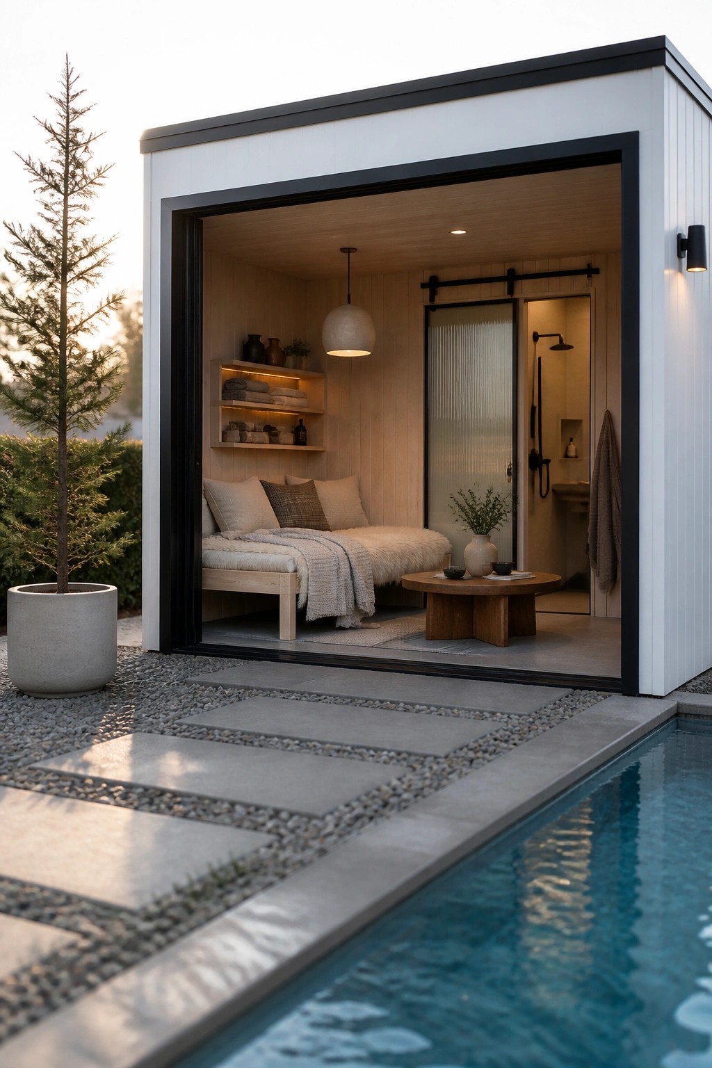 A modern white pool house cabana with a large open black-framed doorway sits beside a swimming pool, revealing a light wood daybed and open shelves inside.