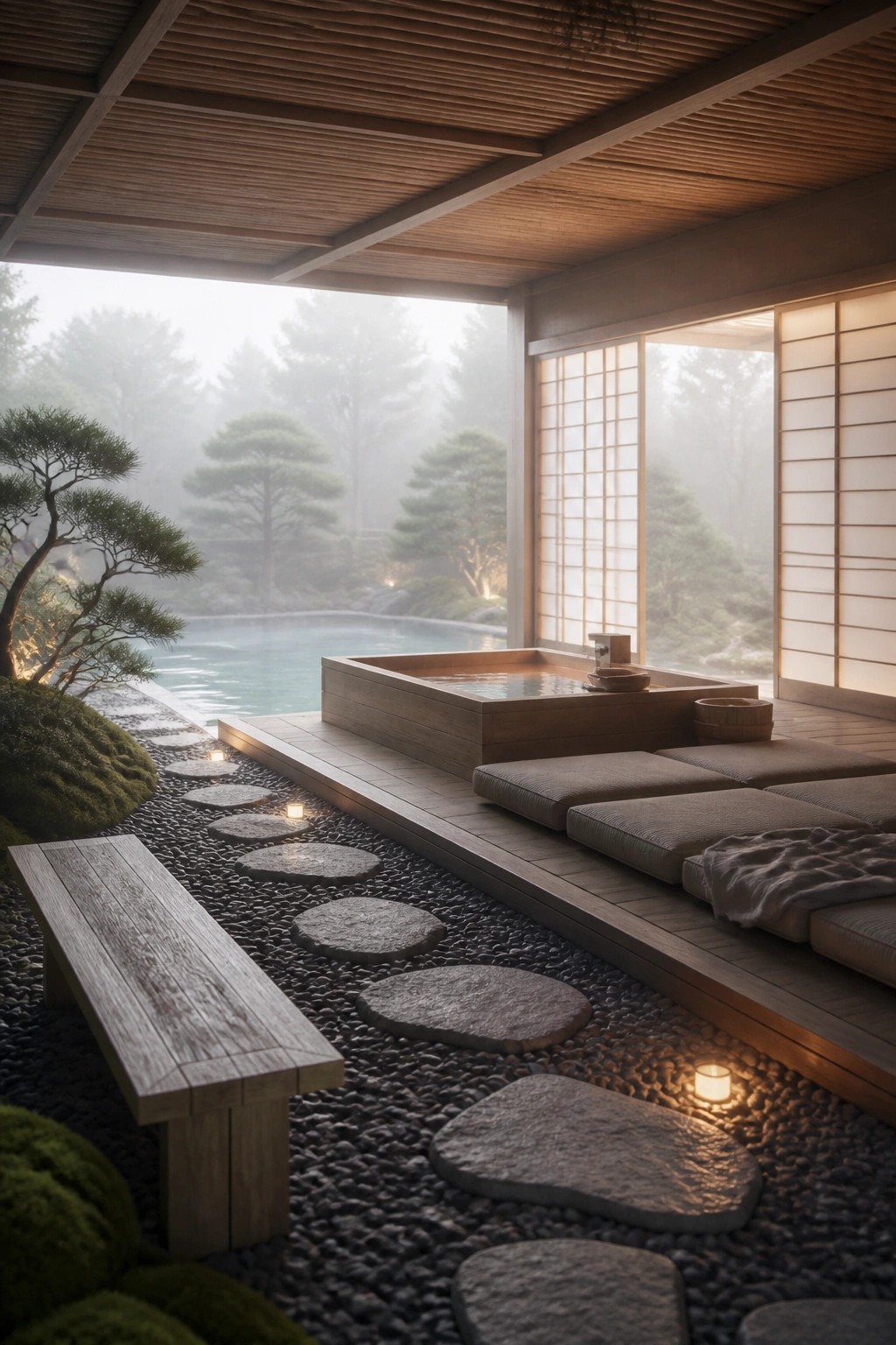 An interior view of a wooden soaking tub on a raised platform with low cushions, shoji screens, and stone stepping stones leading toward an outdoor pool.