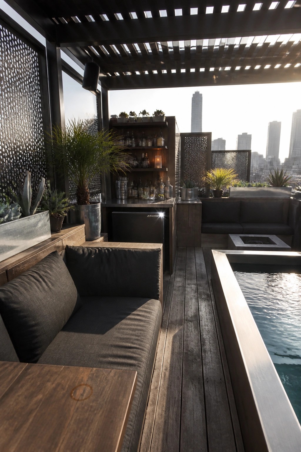 24 Stunning Pool Cabana Ideas to Create a Resort-Style Backyard Escape A modern rooftop cabana with a built-in bar, dark lounge seating, fire pit, and narrow pool overlooking a city skyline at sunset.