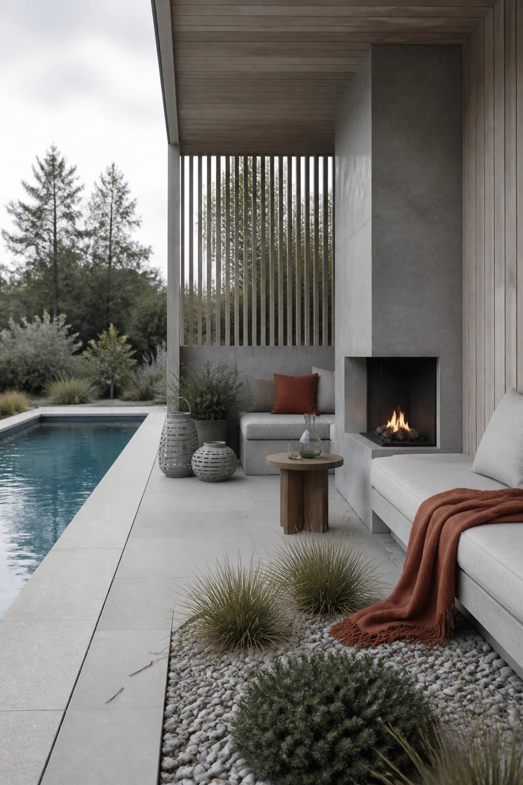 24 Stunning Pool Cabana Ideas to Create a Resort-Style Backyard Escape An outdoor cabana area with a built-in concrete fireplace, lounge seating, and a pool visible to the left.